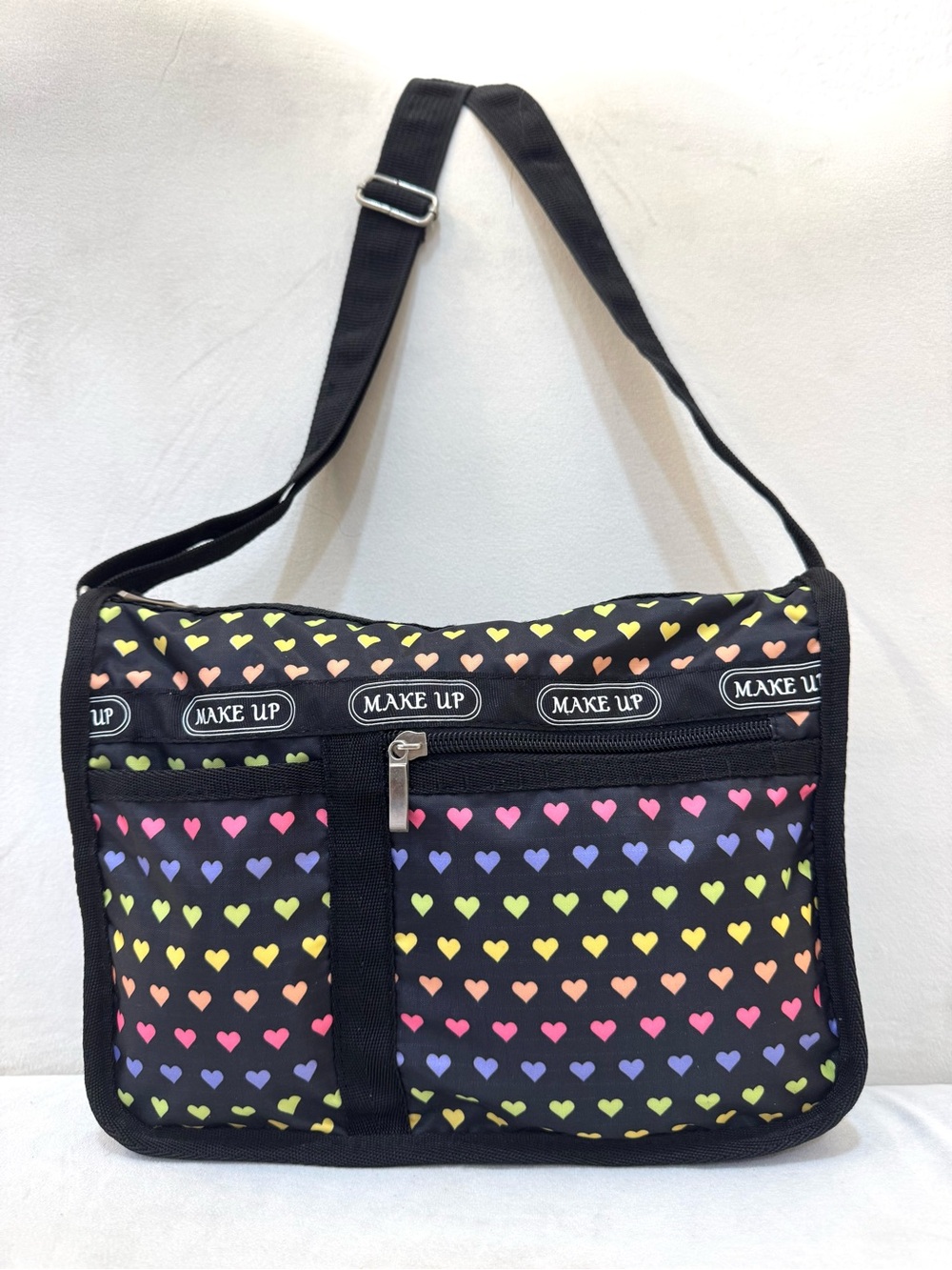 Vintage Y2K Heart Print Crossbody Bag Black Nylon Kawaii Expandable Multi Pocket